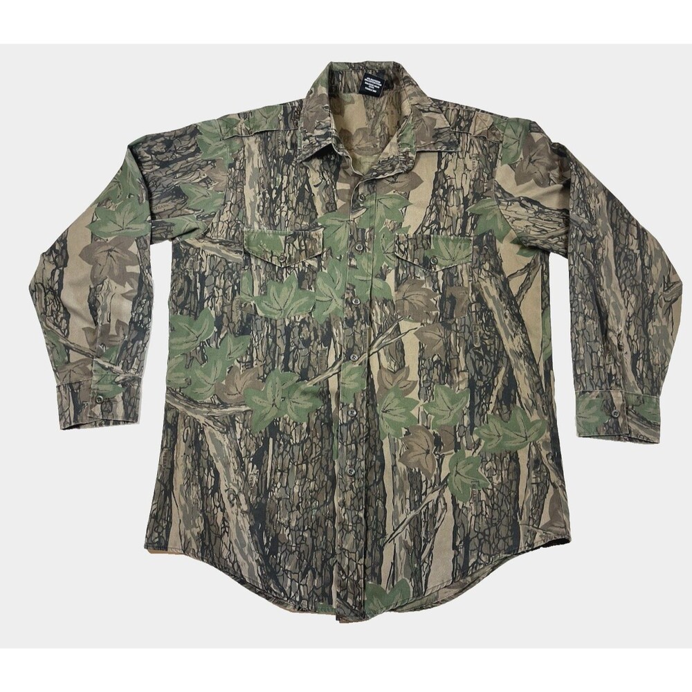 VTG Outdoor Sportswear Camo Button Shirt L XL Stick Leaf 80s 90s Gorpcore MI USA
